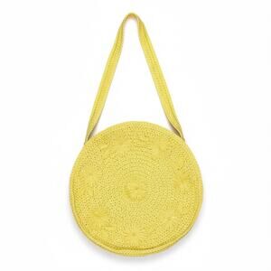 Vintage Yellow Round Plastic Straw Shoulder Bag Floral Woven Boho Summer Purse
